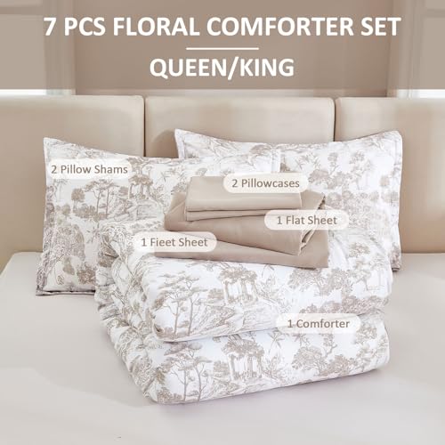 Image of DJY Khaki Comforter Set King, 7 Pieces Bed in a Bag King Size Botanical Comforters with Sheets Elegant Plants Print Soft Microfiber Reversible Complete Bedding Sets for All Season