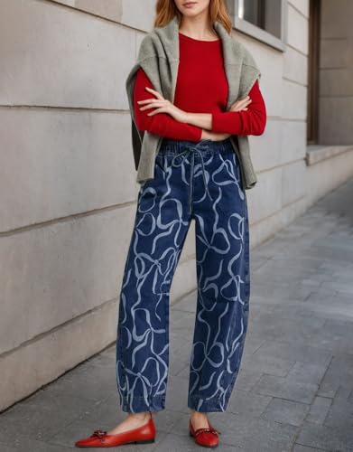 Kedera High Rise Bow Print Barrel Jeans for Women Wide Leg Denim Pants Baggy Boyfriend Jeans with Pockets4