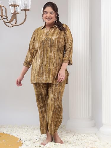 Image of Bani Women Printed Plus Size Co-ord Set, Shirt and Trouser Set 2 Piece Outfit, 3 /4 Sleeves,V-Neck with Floral Work Collar, Coord Sets for Womens, Western Dress Stylish Design for All Occasions