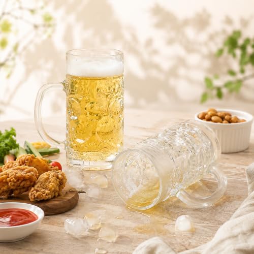 Image of WRINGO Beer Mugs Set of 2, 450ML Glass Mug with Handle, Large Big Heavy Mugs for Freezer, Multipurpose Mugs, Dishwasher & Microwave Safe (BR-05)