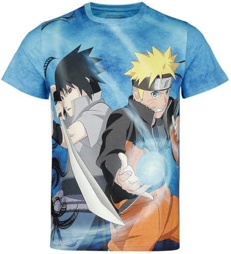 T-shirt Naruto et Sasuke Shippuden Bleu Motif Allover Vêtement Manga Taille M