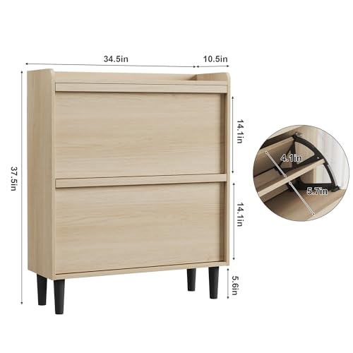 GarveeHome Shoe Cabinet with 2 Flip Drawers, Wooden Shoe Organizer with Adjustable Shelf, Shoe Storage for Entryway, Hidden Shoe Cabinet for Hallway, Living Room, Natural Oak