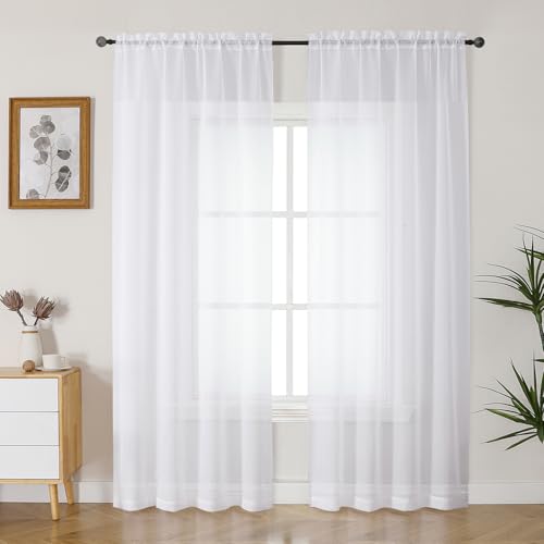 Gwine White Sheer Curtains 84 Inches Long 2 Panels Set for Living Room Rod Pocket Voile Bedroom Curtains Light Filtering Solid Window Sheer Panels Each 42 Wx84 L