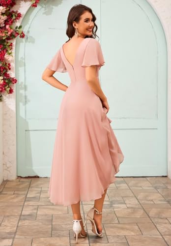Short Bridesmaid Dresses Chiffon A Line Flutter Sleeve High Low Ruched Bust Wedding Guests Formal Evening Party Gown2
