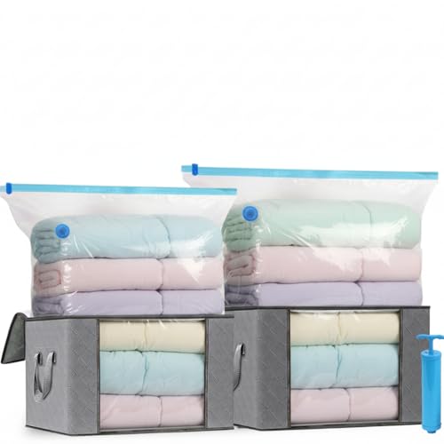 Lot de 2 Sacs de Rangement Sous Vide avec Pompe et 2 Coffres de Rangement en Tissu, Housse de Rangement Sous Vide Vêtement Aspirateur Grande Capacité XXL...