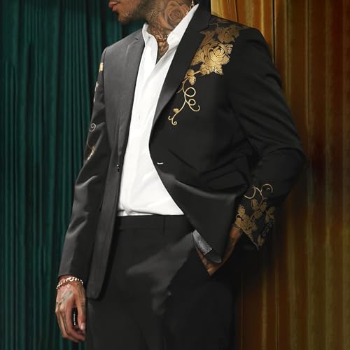 Mens Floral Blazer Jacket Paisley Shawl Lapel Golden Rose Pattern Suit Dinner Party Prom Wedding Tuxedo Sport Coats4