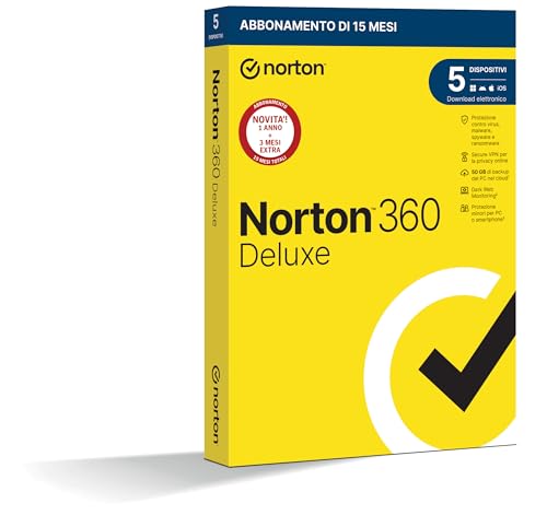 Norton 360 Deluxe 2026, Antivirus 5 dispositivi, 15 mesi, prodotto fisico