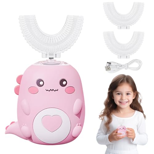 Spazzolino Elettrico Per Bambini A 360º, On 2 Testine In Silicone A Forma Di U, Luce Effetto Dinosauro, Per Bambini E Bambine Dai 2 Ai 8 Anni