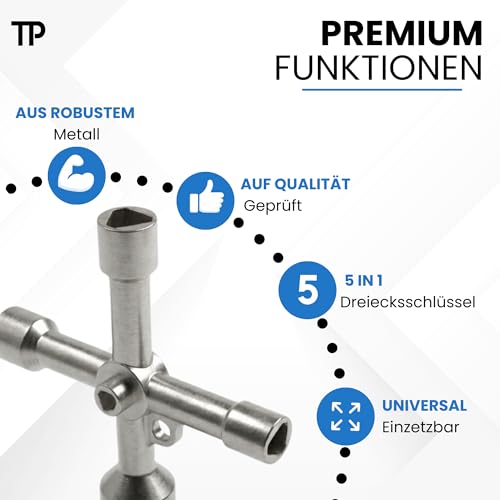Dreikantschlüssel 4-Wege-Multifunktionsschlüssel - Schaltschrankschlüssel - Dreieck Schlüssel Universal/Mülltonne aus Metall mit Verzinkte Oberfläche - (13 mm / 10 mm / 9 mm / 8,5 mm / 5 mm)