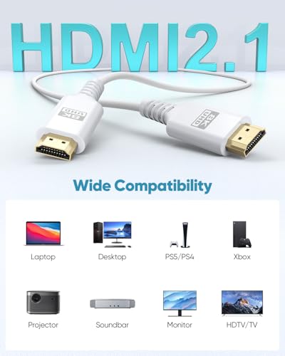 Image of 8K White HDMI Cable 20 FT, HDMI 2.1 Cable 20FT Ultra High Speed eARC Braided Long HDMI Cord with 8K@60Hz, 4K@120Hz, HDR10+, Dolby, 3D, HDCP2.3 for Laptop /Monitor /HDTV /Soundbar /Blu-ray /PS5 /Xbox