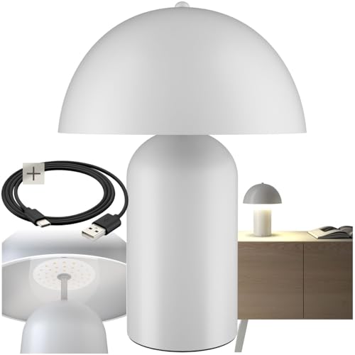 tectake® Piccola Lampada da Tavolo Retro, Abat-Jour Design a Fungo anni '70, Batteria Ricaricabile USB-C, Lampda Portatile con funzione Touch, Illuminazione Dimmerabile, Acciaio Robusto, 40W - Bianco
