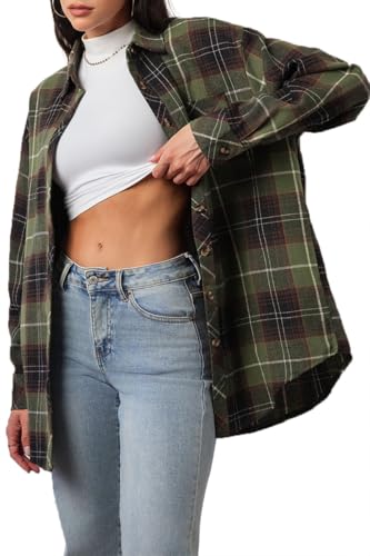 CHYRII Womens Button Down Flannel Shirts Long Sleeve Plaid Shacket Business Casual Blouse Tops 7157-Army Green M