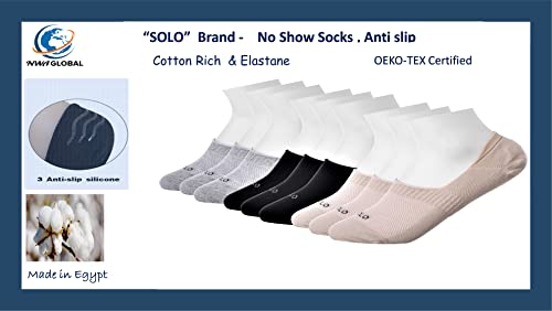 Image of SOLO Cotton Rich, No show socks, Low Cut Liner Non Slip. Made in Egypt (OEKO-TEX Certified)., Medium-Large