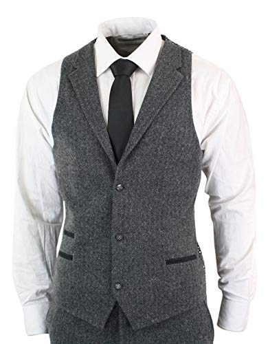 Mens Grey Black 3 Piece Tweed Suit Herringbone Wool Vintage Retro #TOP3