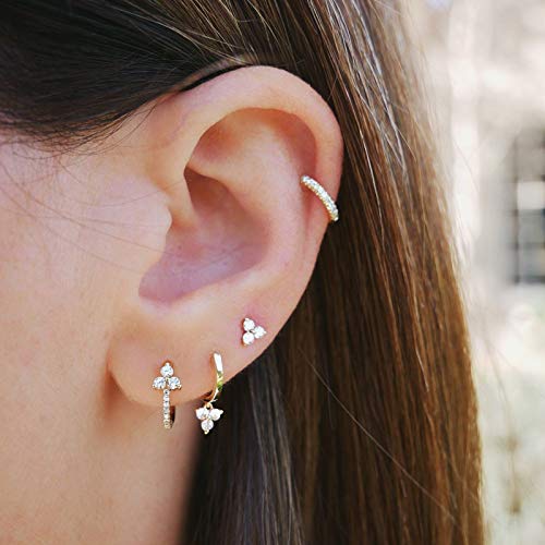 EPIRORA Sterling Silver Stud Earrings for Women- 3 Pairs Hypoallergenic White Gold Plated Small Cubic Zirconia Flower Cartilage Earring Set (3mm/4mm/5mm)2