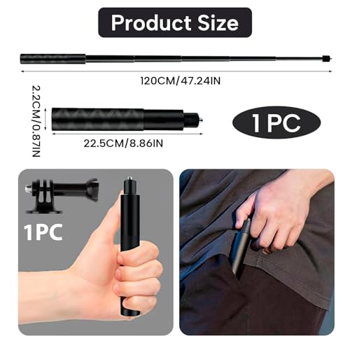 Image of Bastone Selfie Stick Supporto per Selfie Invisible in Aluminium, Bastone Telecopico Fino per Action Camera e Microfoni, Insta X3 X4 Hero 120 cm