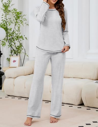 Image of KCW Womens Pajamas Sets 100% Cotton 2 Piece Lounge Set Long Sleeve Tops and Pants Soft Pjs Sleepwear with Pockets
