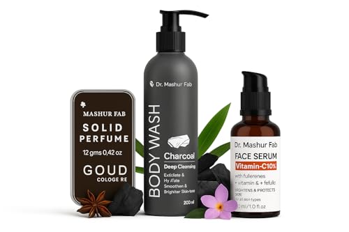 Image of MASHUR FAB Body Wash - Exfoliating & Hydrating Formula | Brightens Skin Tone | 250ml Multiple Fragrance (1 Pack Body Wash + Vitamin C Serum + Perfume)