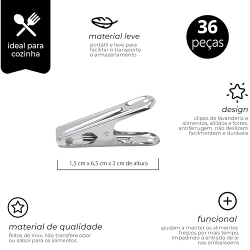 Kit Jogo Com 36 Mini Prendedores De Embalagens Inox 6,5cm Mantenha Alimentos Frescos Multiuso Lavand