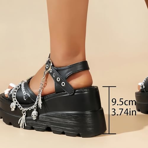 Women's Vegan Chunky Goth Footwear Punk Style Shoes with Skull Stars Cross Heart Chain Rivet Open Toe Slip on Platform Wedge Slide Sandals Summer Punk Beach Slipers3