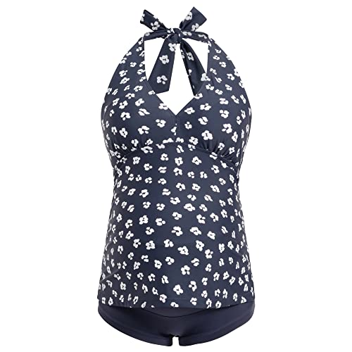 Herzmutter Neckholder - Tankini de Maternidad -Traje de baño de Dos Piezas para Mujeres Embarazadas - Bikini - sobre el Vientre Panty - Patrón de Rayas Liso Protección UV 50 – 7100 (XXL, Azul/Flores)