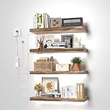 CUBITOR 15.8' Floating Shelves,Invisible Wall Mounted Display Wooden Shelves with 6000K Dimmable Wired Recessed LED Light Bar,for Living Room Bedroom Kitchen Bathroom Office, Rustic Brown,Set of 4