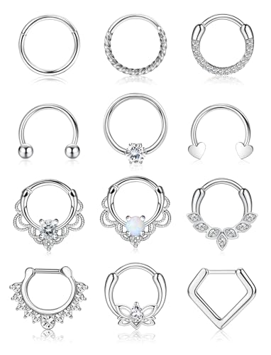 YADOCA 12pcs 16G Septum Rings for Women Men Hypoallergenic Surgical Steel Nose Piercings Jewelry Clicker Hinged Tragus Hoop Earrings CZ Love Nose Ring 8-10mm