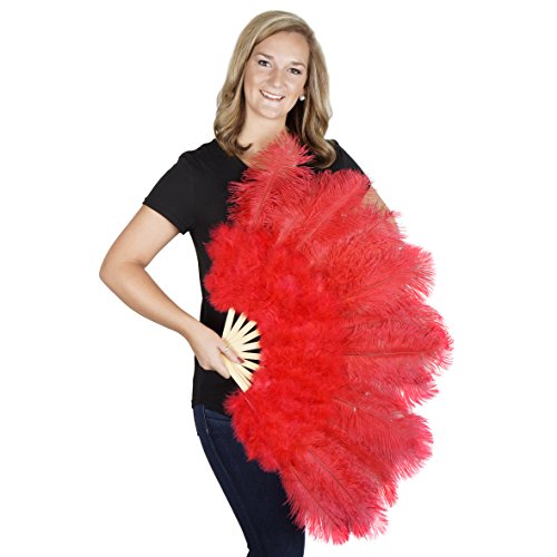 Zucker Large Ostrich Feather Fan - Vintage Costume Folding Hand Fan - Burlesque Showgirl Costume Decorative Fan for Women - Thumbnail 3