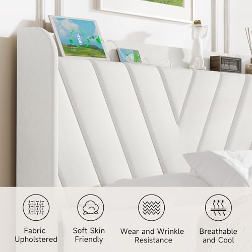 Image of koorlian Queen Bed Frame with Headboard, Adjustable Upholstered Platform Bed Frame with Type-C&USB Ports, Wingback Storage Headboard, Solid Wood Slats Support, No Box Spring Needed, White