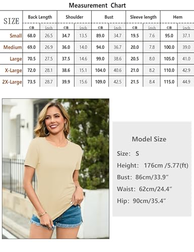 Aottori Camiseta Verano Mujer Cuello Redondo Manga Corta T Shirt Básica Algodón Blusas Top Elegante Stretchy Ligera Sólido Casual tee Shirts Beige M