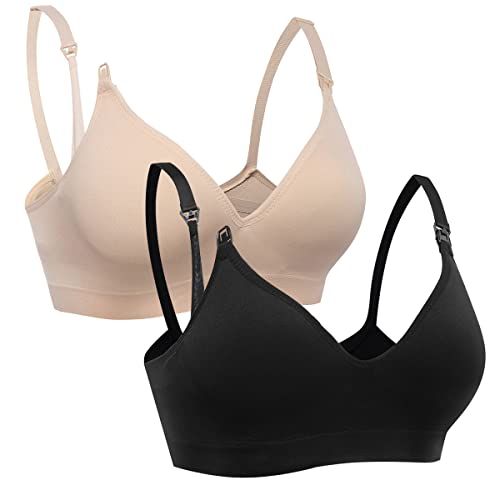 Vevarble Womens Maternity Bras for Breastfeeding Wireless Nursing Bras Soft Sleeping Bras Pregnancy Bra (M-Black/Beige)