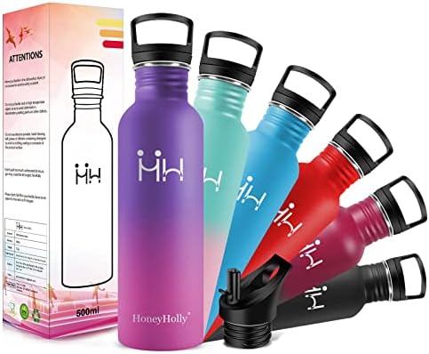 HoneyHolly Single Wall Stainless Steel Water Bottle - Metal Water Bottle, 500ML, Non Insulated Sports Bottle with Straw & Filter, BPA Free Reusable Drinks Bottle for School, Camping, Kids - 2 Lids