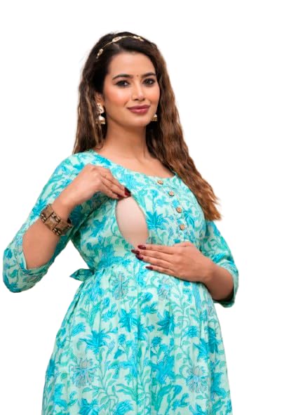 Image of JAIPURFAME Stylish Women's Pure Cotton All Over Printed Kurti Gown, Maternity Dress, and Feeding Dress - Comfortable and Elegant Maternity Wear for Women Aqua