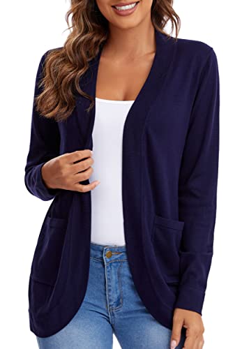Urban CoCo Womens' Long Sleeve Open Front Knit Sweater Cardigans Curved Hem with Pockets (Navy Blue...