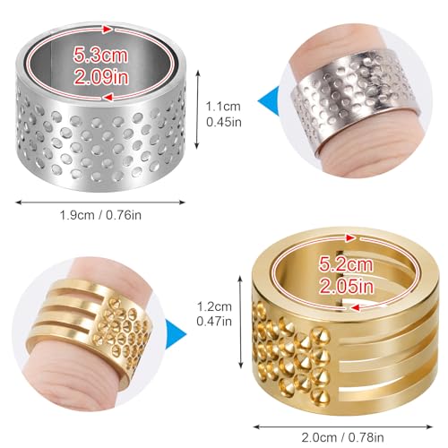 HINZIC 4pcs Stainless Steel Brass Finger Protector Gold Sliver Metal Fingertip Thimbles Adjustable Finger Ring for Hand Sewing Quilting Knitting Stitching Crochet