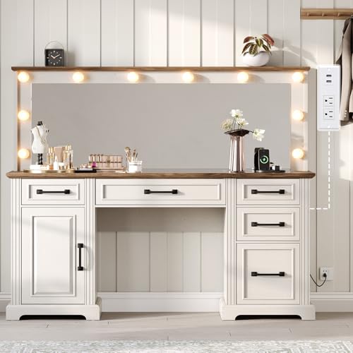 55-Farmhouse-Vanity-Desk-with-Large-Mirror-Lights-Glass-Top-Large-Makeup-Vanity-Table-with-10-Hollywood-Lights-Bulbs-Charging-Station-5-Drawers-Dressing-Table-for-Bedroom-Rustic-White 55 Farmhouse Vanity Desk with Large Mirror Lights Glass Top Large Makeup Vanity Table with 10 Hollywood Lights Bulbs Charging Station 5 Drawers Dressing Table for Bedroom Rustic White