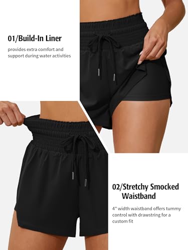 ATTRACO Women's 3" High Waisted Swim Board Shorts Quick Dry Flowy Board Shorts with Pockets3