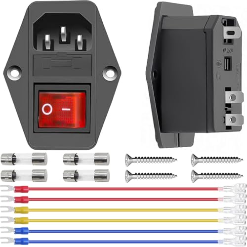 DAOKAI Netzbuchse Eingangsmodul 10A 250V,Wippschalter Power Jack 3 Pin IEC320 C14 Stecker Netzschalter mit 10A Sicherung 18 AWG Verlängerungskabel für 3D Drucker-2pcs