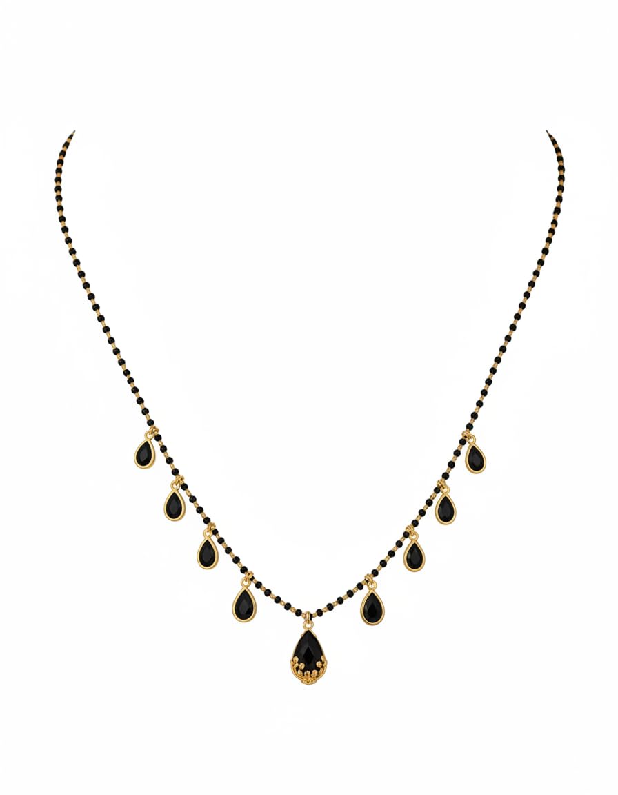 Black Bead Mangalsutra Necklace with Cubic Zirconia Teardrop Charms, Gold-Plated Brass, 18 Inches-image-34