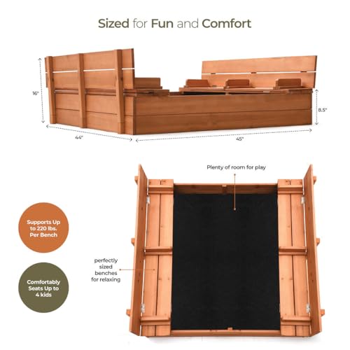 Image of Large Wooden Kids Sandbox with Lid - Outdoor Sand Box for Kids with Cover Sand Protection, Foldable Bench Seats and Bottom Liner