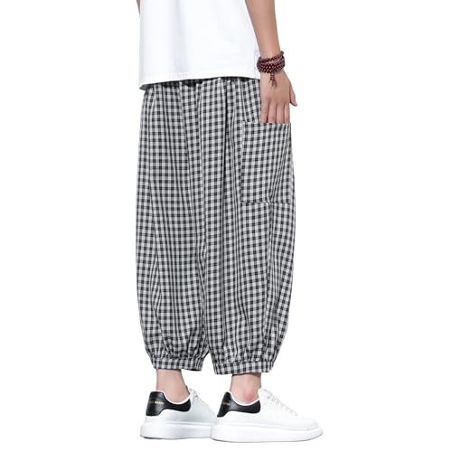 Tripleberly Mens Capri Pants Wide Leg Baggy Harem Pants Men Drawstring Elastic Waist 3/4 Capri Shorts Blow Knee with Pockets Cropped Trousers4