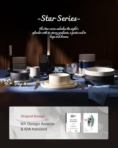 famiware Star 8.25" Pasta Bowls, Large Dinner Bowls Set of 4, Salad Bowl Plates, Shallow Bowls for Eating, Smoky Blue