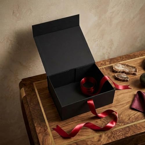 Image of Awestuffs Premium Black Gift Box with Red Ribbon, Reusable Gift Packaging Box (26 x 26 x 11 cm) for Gift Hampers, Weddings, Birthdays, Anniversaries, Festivals & Corporate Gifting (Set of 1)