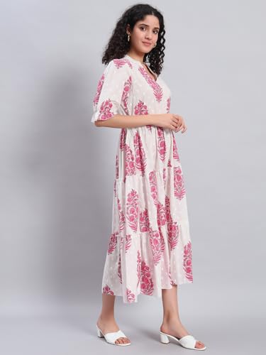 Image of PIDAVLIYA'S Women's Floral Summer Maxi Dress I Cotton Printed I One Piece Bodycon Midi Dress with V-Neck, Puffed Sleeves