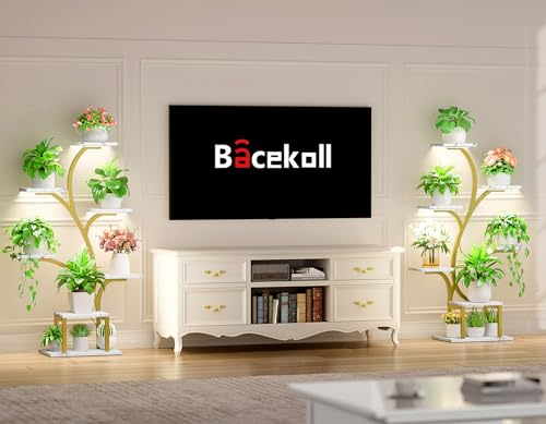 Image of BACEKOLL Plant Stand Indoor with Grow Lights, 7 Tiered Indoor Plant Shelf, 49 inch Corner Plant Stands for Indoor Plants, Metal Plant Flower Display Shelf, Tree-Shaped Plant Rack for Home, Faux Marble