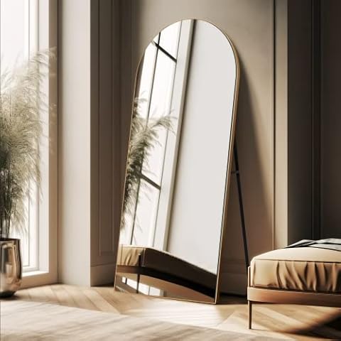 Pexfix Arched Full Length Mirror Arched Wall Mirror Floor Mirror with Stand Contemporary Full Length Mirror with Gold Wood Frame, 65''x22'' Cover