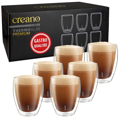 Creano PREMIUM doppelwandige Trinkgläser 400ml - 6er Set - OHNE versiegeltes LOCH deshalb Gastronomie Qualität - 100% Spülmaschinenfest - doppelwandige Gläser - Latte Gläser - Cappucinotassen