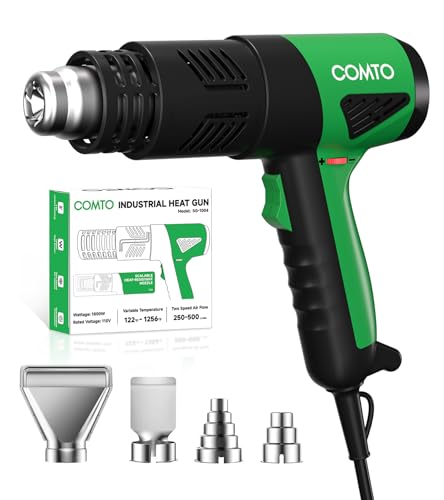 COMTO 1800W Industrial Heat Gun, Fast Heating 122℉-1202℉ Variable Temperature Control Overheat Protection 2 Speed Air Flow with 4 Nozzles for Crafts, Shrinking Tubing, Vinyl Wrap (SG-1004)