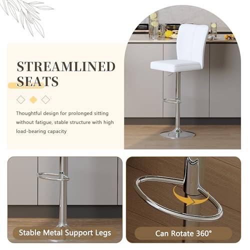 Image of Swivel Bar Stools Set of 2 - White Barstools with Back,Adjustable Counter Height Bar Stools with Sturdy Metal Legs,Leather Counter Height Stools Ideal for Kitchen Island Pub(25''-33''H)