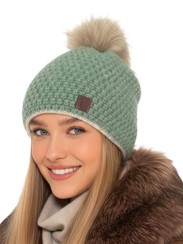 Bonnet tricoté à paillettes chaud avec doublure polaire douce et pompon